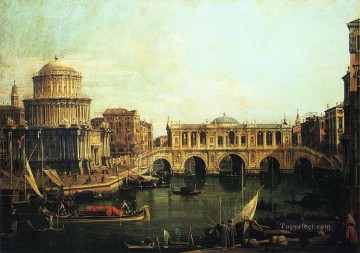 Canaletto Painting - capriccio of the grand canal with an imaginary rialto bridge and other buildings Canaletto